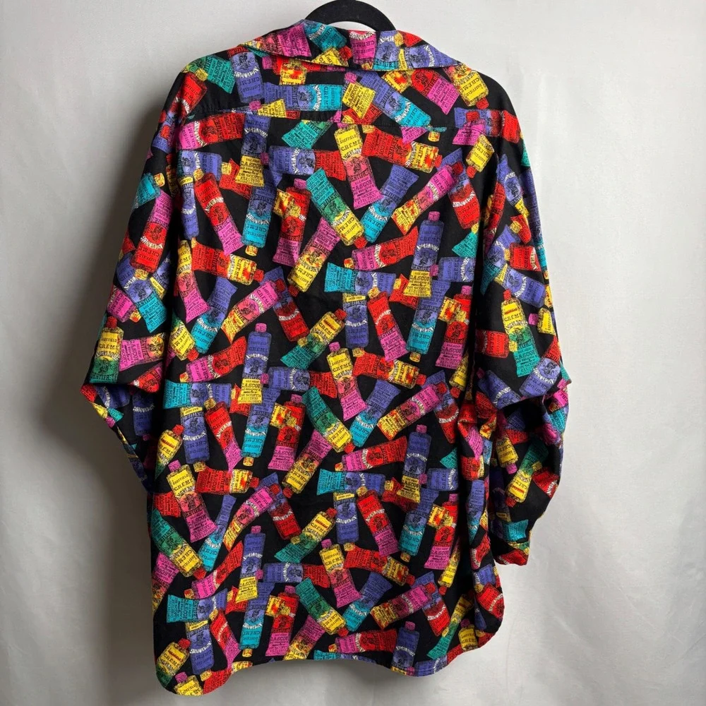VTG Novelty Print Button Up Tunic Top Antique‎ Toothpaste Dentist Pop Art Retro